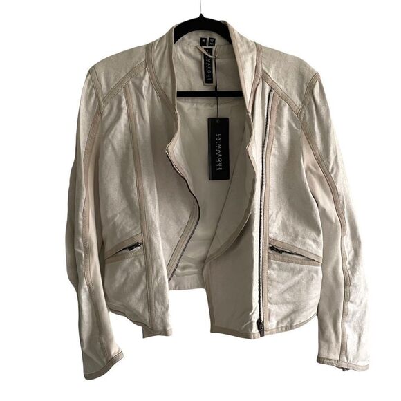LAMARQUE COLLECTION Alexandra Asymmetrical Linen Leather Moto Biker Jacket M - Picture 6 of 12
